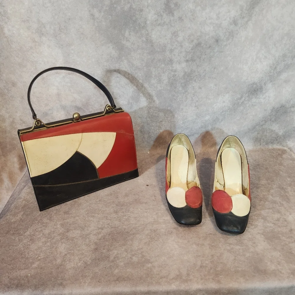 Vintage Red, White &‎ Navy Handbag and Heels Set Size 4.5